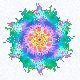 Un mandala rond en pixel : orange et jaune au centre, une couronne violette et rose, puis du turquoise et du vert vers le bord.